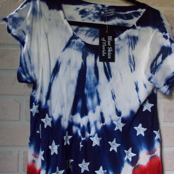 NWT Blue Skies of Florida Women's Free Size Red White Blue Tie-Dye Tunic Top - Picture 2 of 5